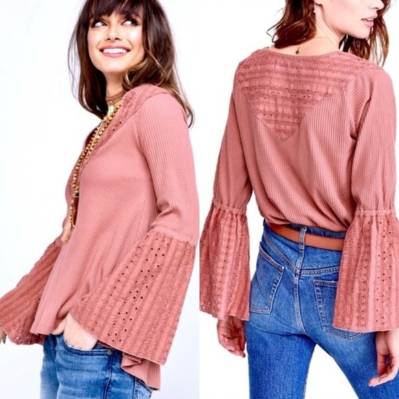 Free People Parisian Nights Thermal Henley Top in Sayluita / Desert Rose Sz. S - Picture 5 of 14